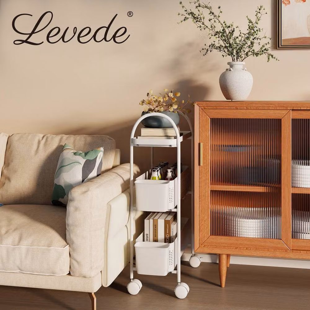 Levede 3 Tier Narrow Trolley Cart with Hanging Storage Basket in White – 6