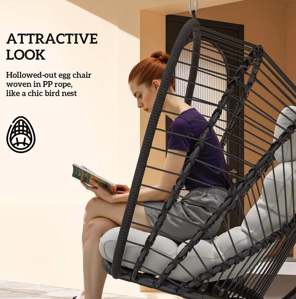 STILVORA Black Rattan Swing Chair with Cushion and Folding Basket – 7