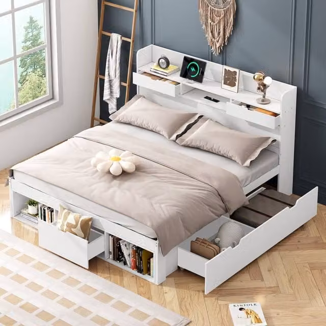 Rolipo White Double Bed with USB Charging Port, Drawers and Storage Cabinet, W/D/H: 140 x 200 cm