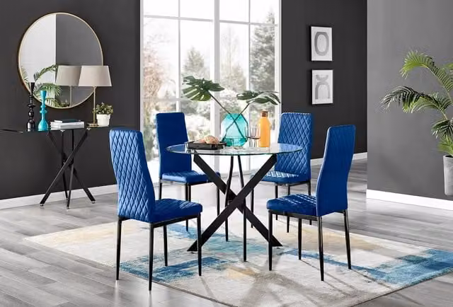 FurnitureboxUK Novara Round Glass Dining Table and 4 Milan Soft Velvet Chairs in Navy and Black