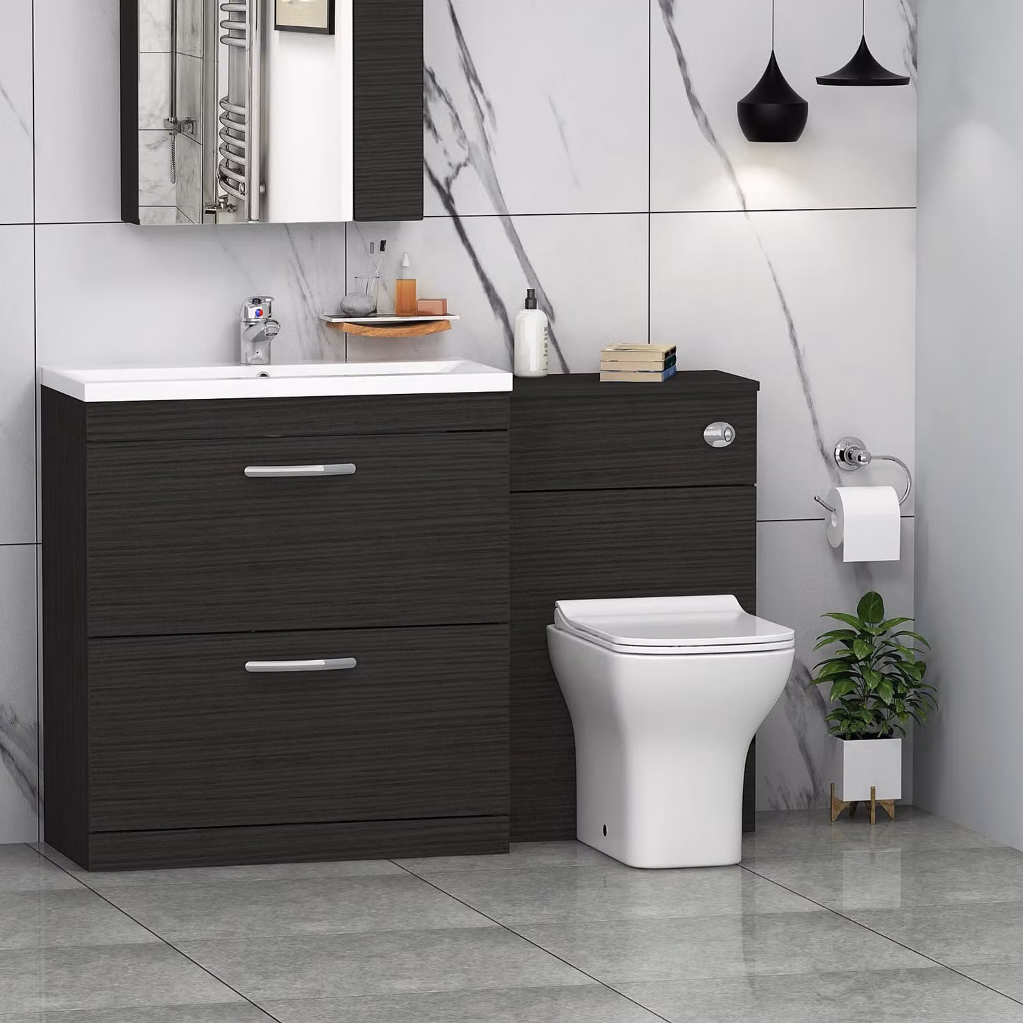 Royal Bathrooms Turin Hale Black 2-Drawer Modern Bathroom Vanity Unit Pack, Width: 130 cm