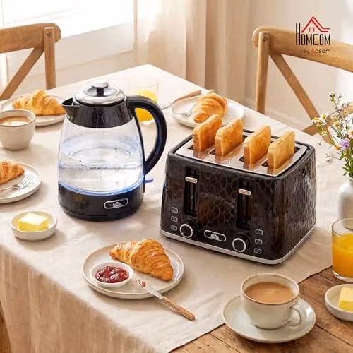 HOMCOM Kettle and Toaster Set in Black with 1.7L Glass Jug Kettle and 4-Slice Toaster – 2
