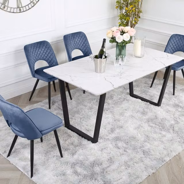 Home Garden Direct Modern Rectangular Marble Dining Table Set with 4 Blue Chairs