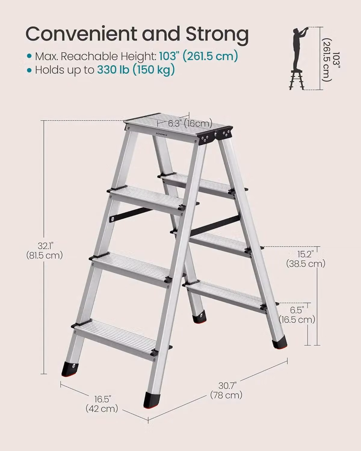 SONGMICS Aluminium Step Ladder with 4 Non-Slip Steps in Silver – 2