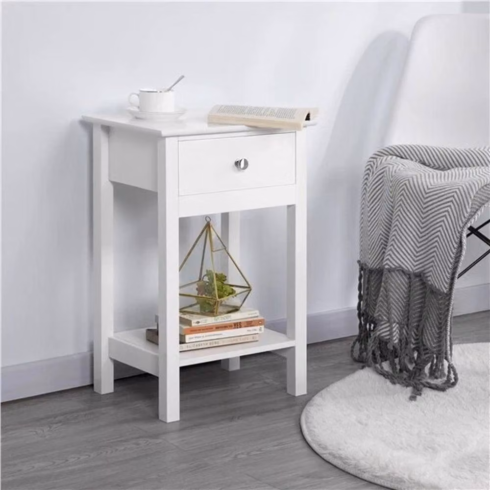 Kelvenix White Wooden Bedside Table with Glass Top in Vintage Style – 2