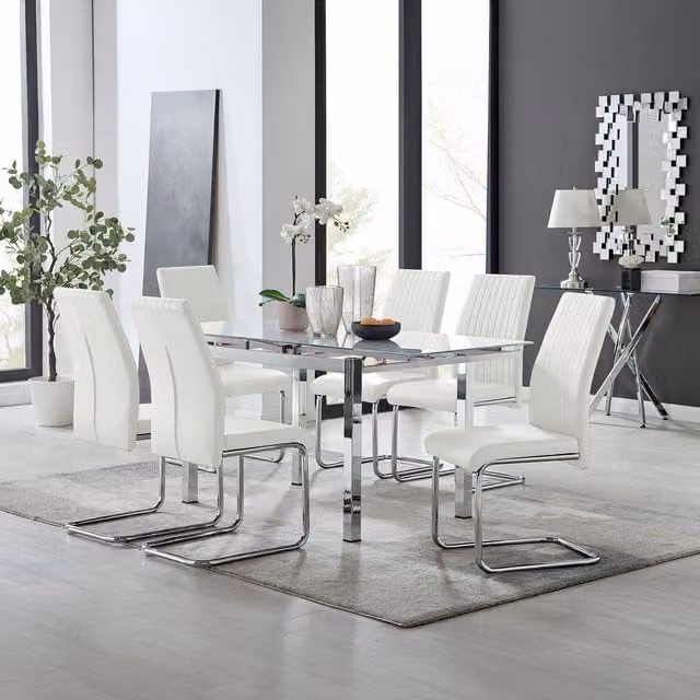 Furniturebox Enna White Glossy Glass Extending Modern Kitchen Dining Table and 6 Lorenzo Chairs