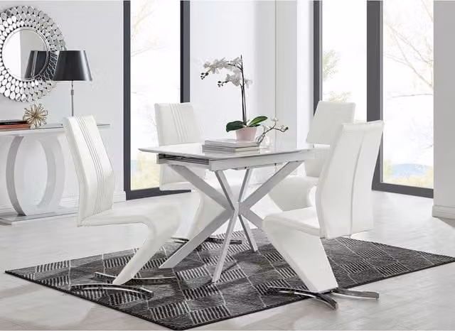FurnitureboxUK LIRA 100 Extending Rectangular Glass Kitchen Dining Table and 4 Willow Chairs in White