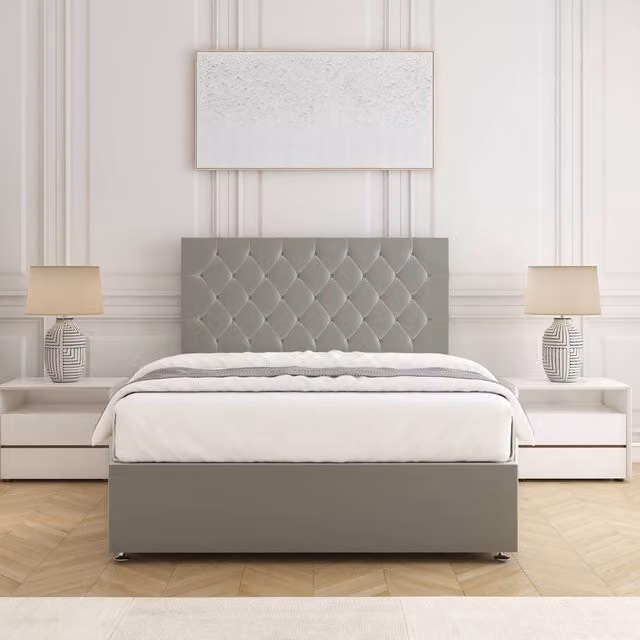 BSSPOKE Mia Plush Velvet Divan Bed Set with 24 inch Headboard and Mattress in Silver, Double W/D/H: 140 x 200 cm