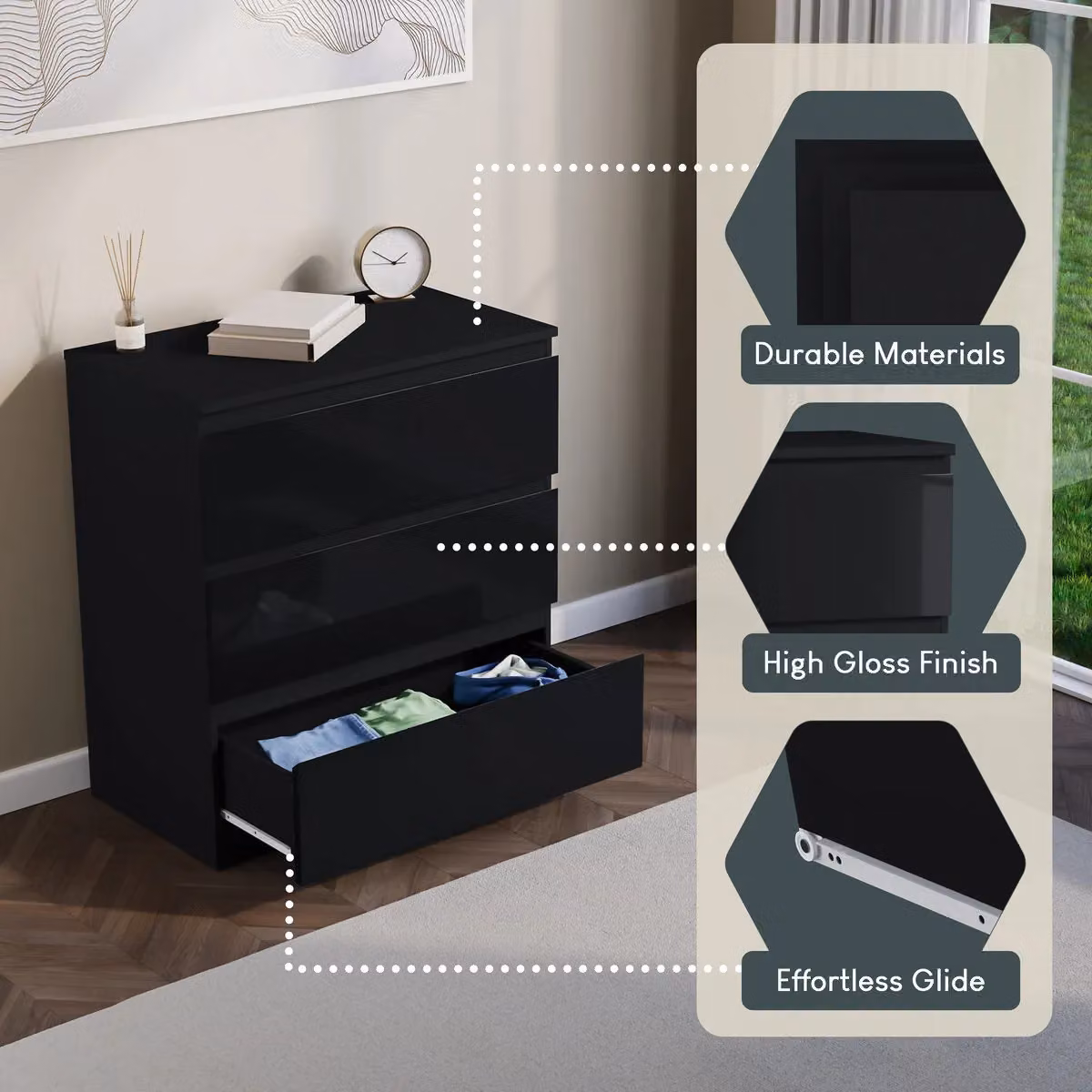 Vida Designs Glinton High Gloss 3 Drawer Chest of Drawers in Black – 5