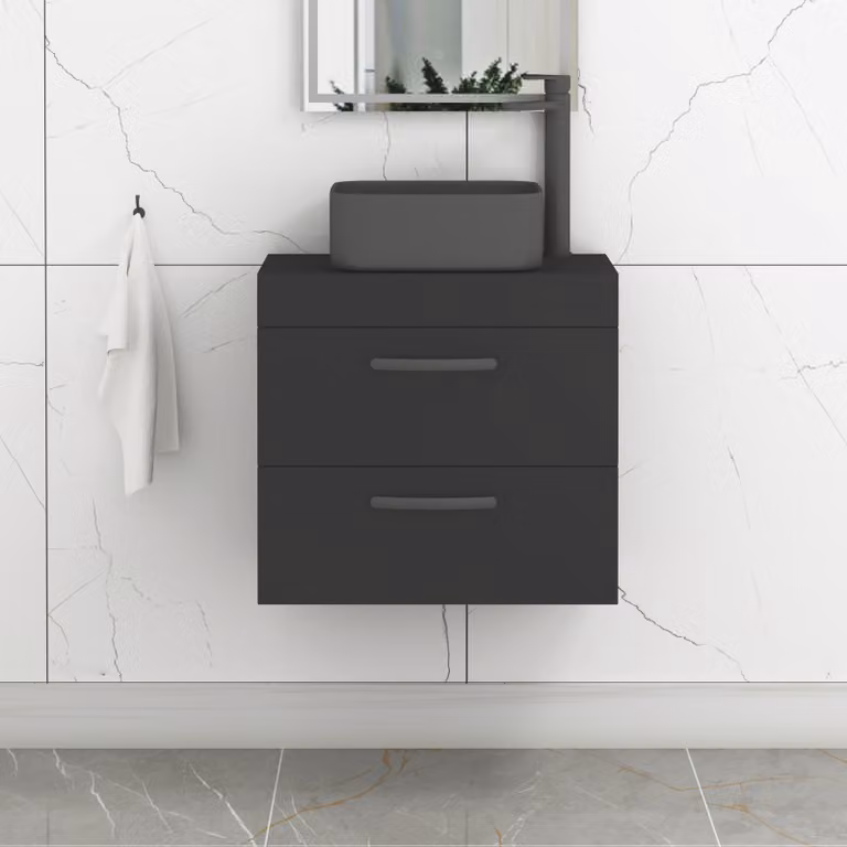 Royal Bathrooms Turin 600mm Wall Hung Vanity Unit with 2 Drawers and Art Square Countertop Basin in Matt Black with Brushed Brass Handle