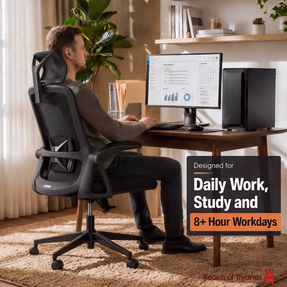 Realm of Thrones Black Mesh Office and Gaming Chair with Flip-Up Armrests and Adjustable Lumbar Support – 4