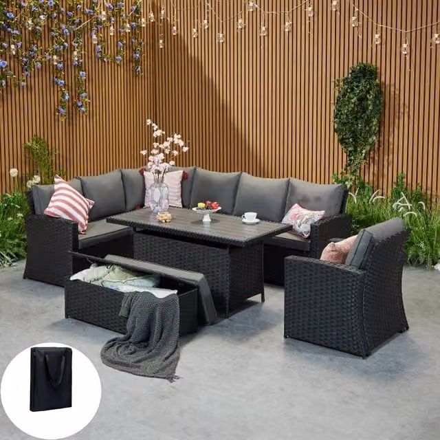 Furniture Maxi Rosen 9 Seater Rattan Corner Sofa Set with Aluminium Dining Table in Black – 1