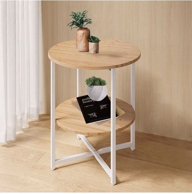 Livingandhome Natural Wood 2-Tier Round Small Coffee Table