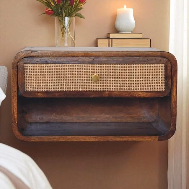 Aosom UK Solid Mango Wood Wall-Mounted Bedside Shelf with Drawer and Open Shelf, Brown, W/D/H: 45 x 32 x 25 cm