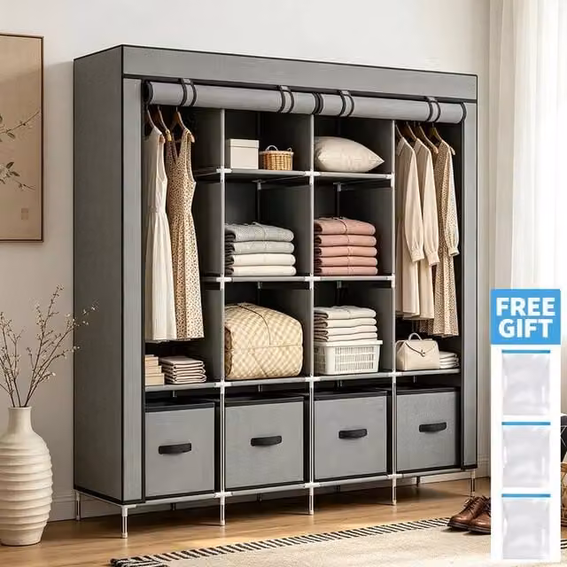 FORGEVIO Grey Fabric Canvas Wardrobe with Hinged Doors, Integrated Drawers and Hanging Rail – 1