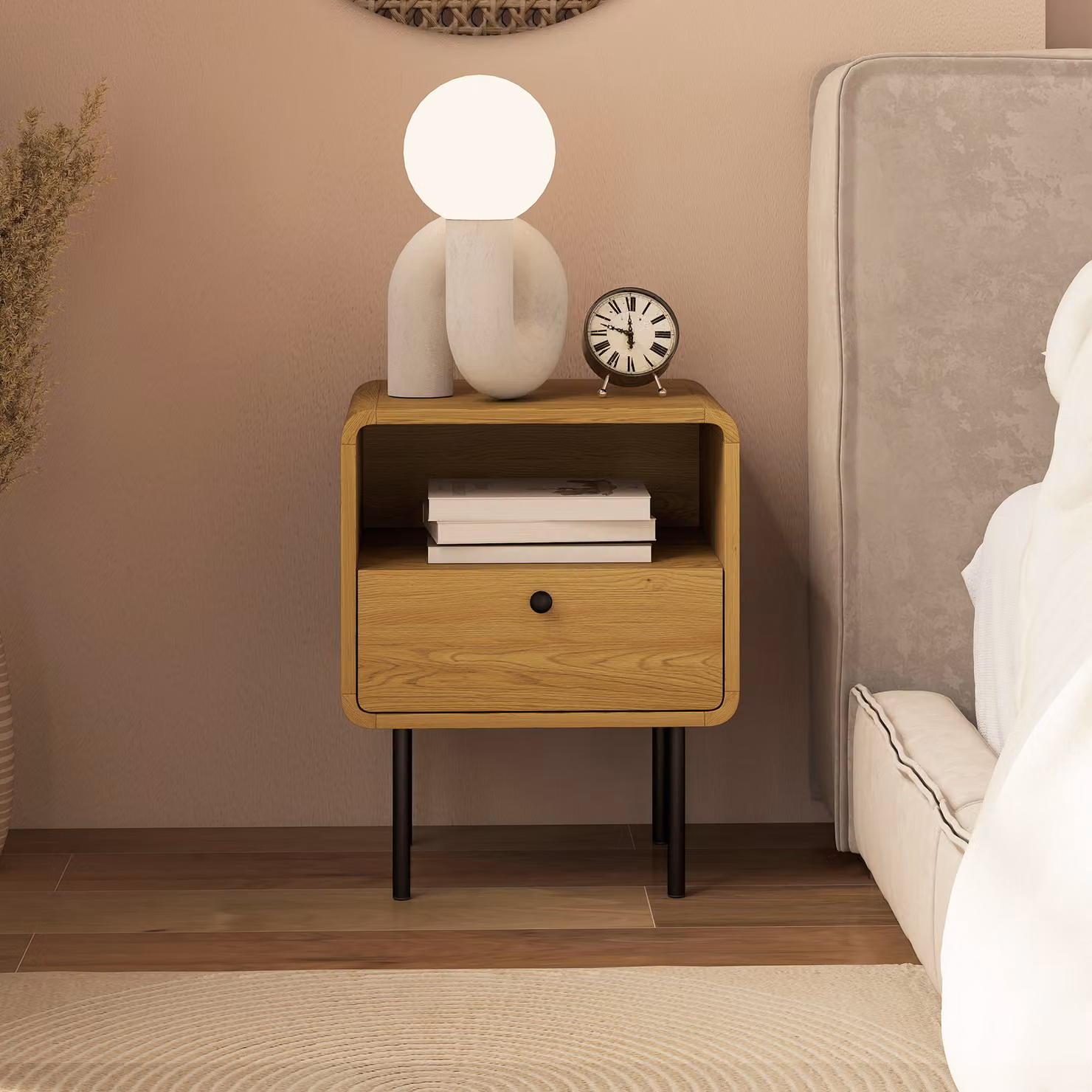HOMCOM Bedside Table with Drawer and Open Shelf in Oak and Black – 6
