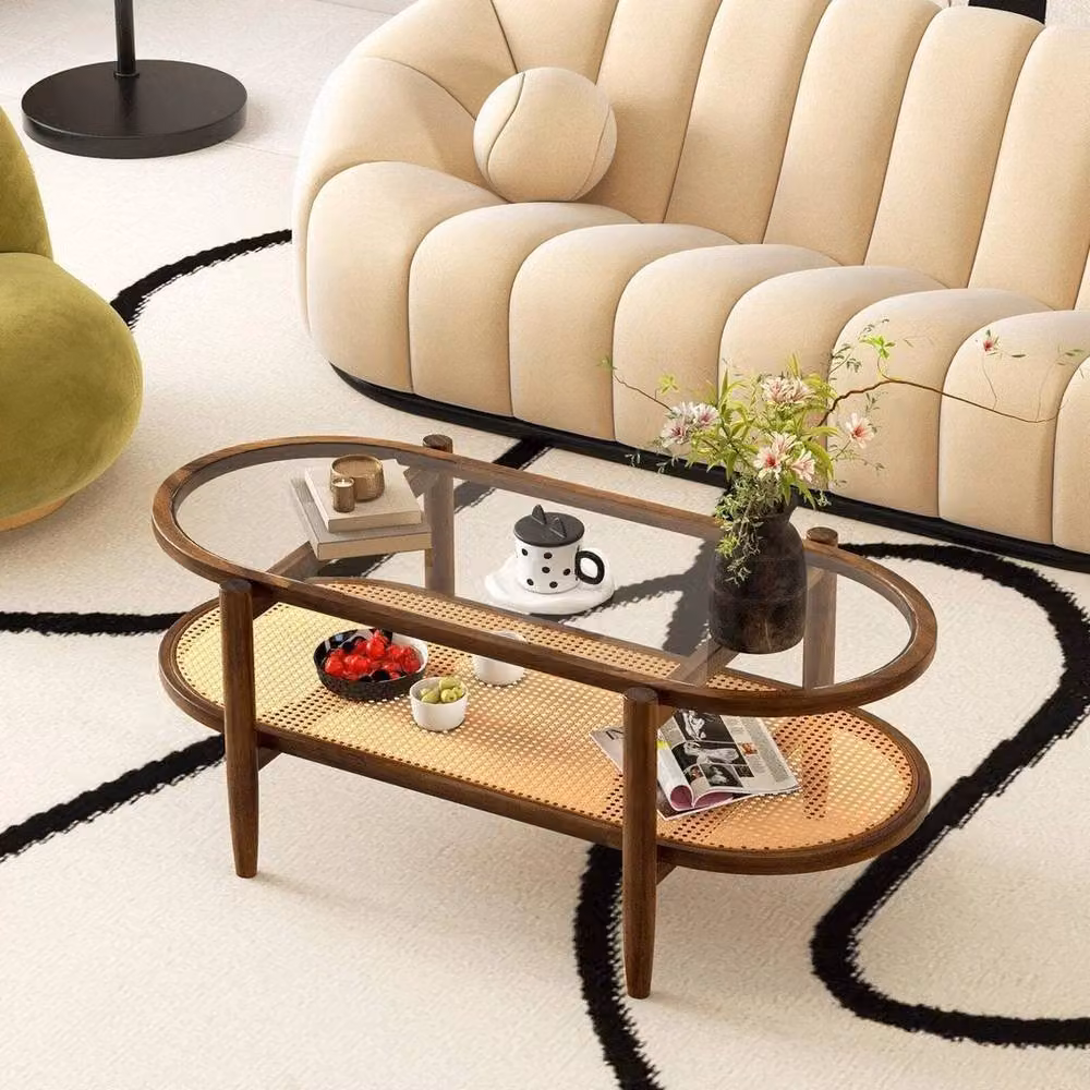 FORGEVIO Brown Acacia Wood and Glass Oval Coffee Table – 3