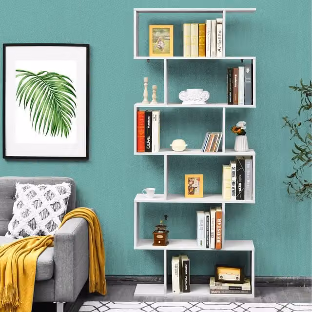 Costway 6-Tier S-Shaped Geometric Bookcase in White
