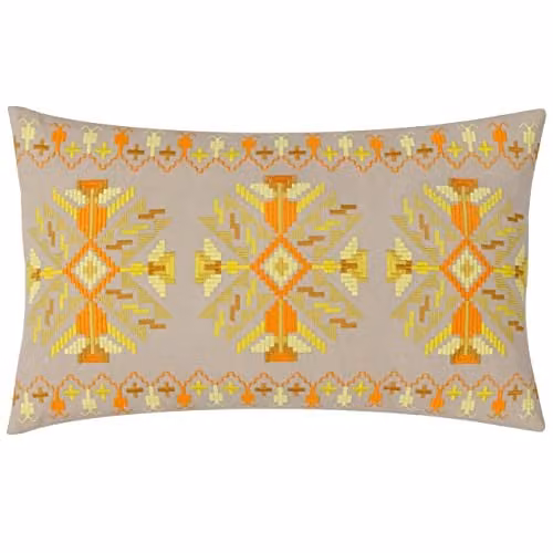 Kalina Yellow Cotton Embroidered Rectangular Cushion with Polyester Filling W: 60 cm, H: 35 cm