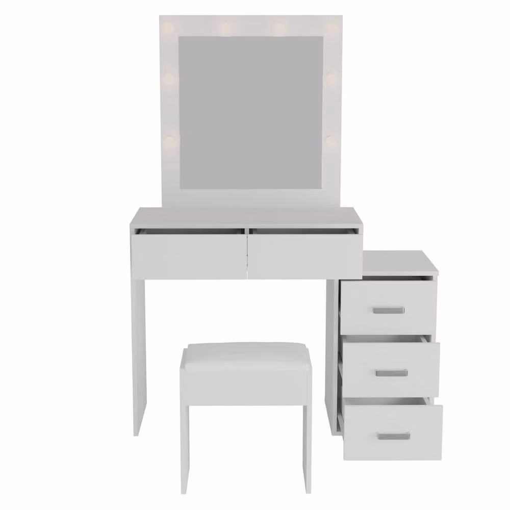 Home Source 5 Drawer Dressing Table with Hollywood LED Lighting Mirror and Stool in White – 2