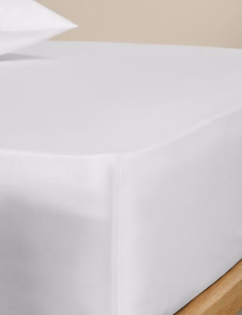 M&S Egyptian Cotton 230 Thread Count Mako Satin Silky Fitted Sheet, White, W/D/H: 200 x 200 x 38 cm