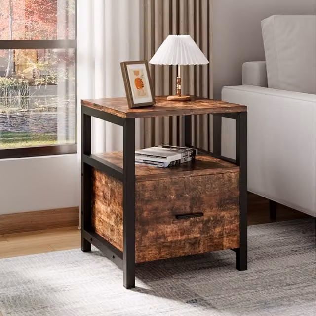Komore Industrial Bedside Table with One Large Drawer in Brown and Black
