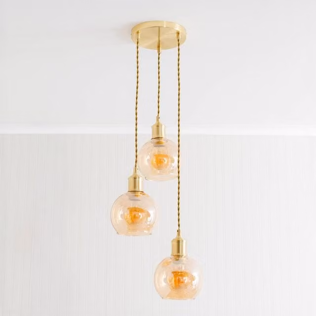ValueLights Bellamy 3 Drop Cluster Ceiling Pendant Light with Amber Glass Globes and Gold Metal Finish