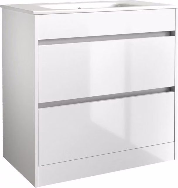 Clifton White Glossy 2-Drawer Standing Bathroom Unit with Basin, W: 80 cm, D: 45.5 cm, H: 83 cm