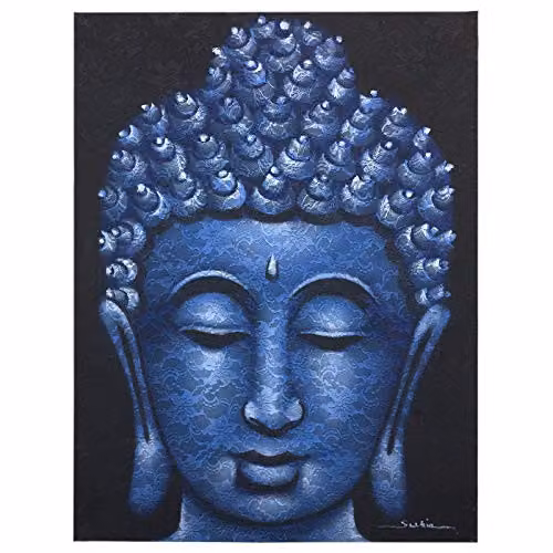 Beespoke Gifts Buddha Painting with Blue Brocade Detail and Floral Oriental Design – 1