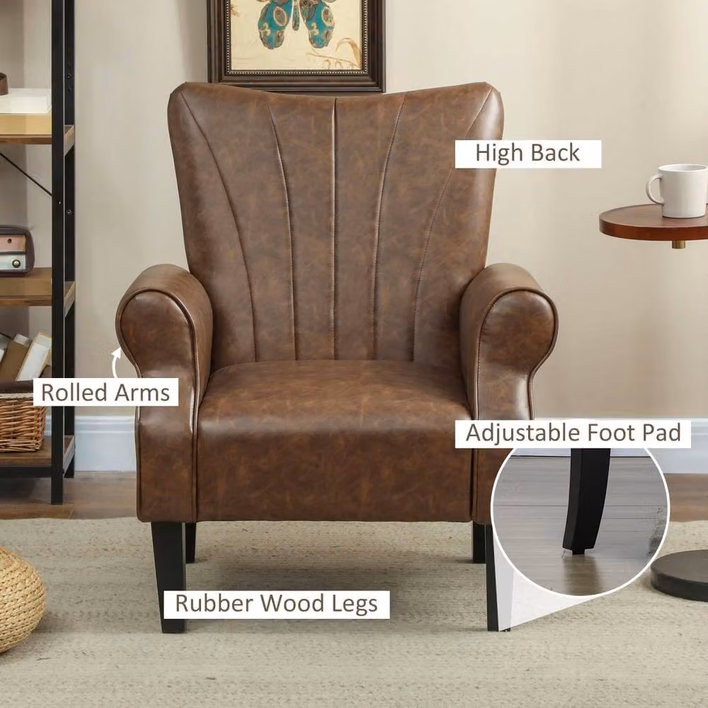 Wyld Haus Vafi Mid Century Accent Armchair in Brown PU Leather with Rolled Arms and Solid Wood Frame – 4