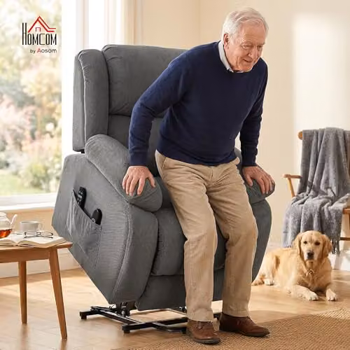 HOMCOM Grey Velvet Recliner Armchair with Powered Lift Assist, Heat and Vibration Massage – 2