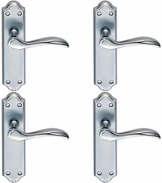Loops 4 Pairs of Curved Door Handle Levers with Latch Backplate in Satin Chrome, W: 180 mm x H: 45 mm
