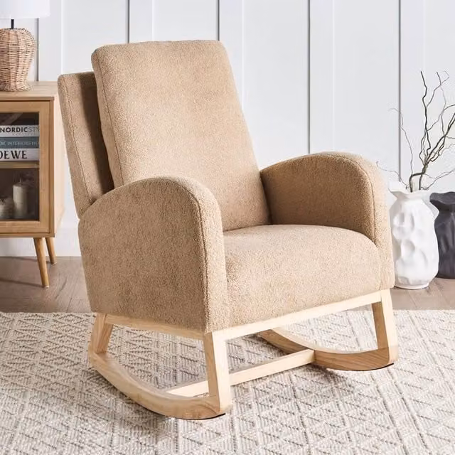 Wyld and Coco Beige Boucle Rocking Chair with Rubberwood Frame and Armrests – 1