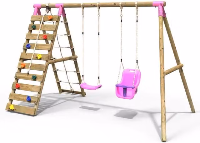 Rebo Kai Wooden Double Swing Set with Baby Seat and Climbing Wall in Pink