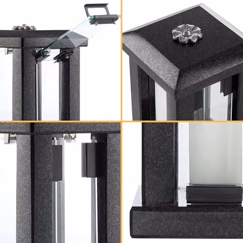 NOVECRAFTO Large Granite Candle Lantern with Flower Decor in Polished Black Stone, Height: 32 cm – 8