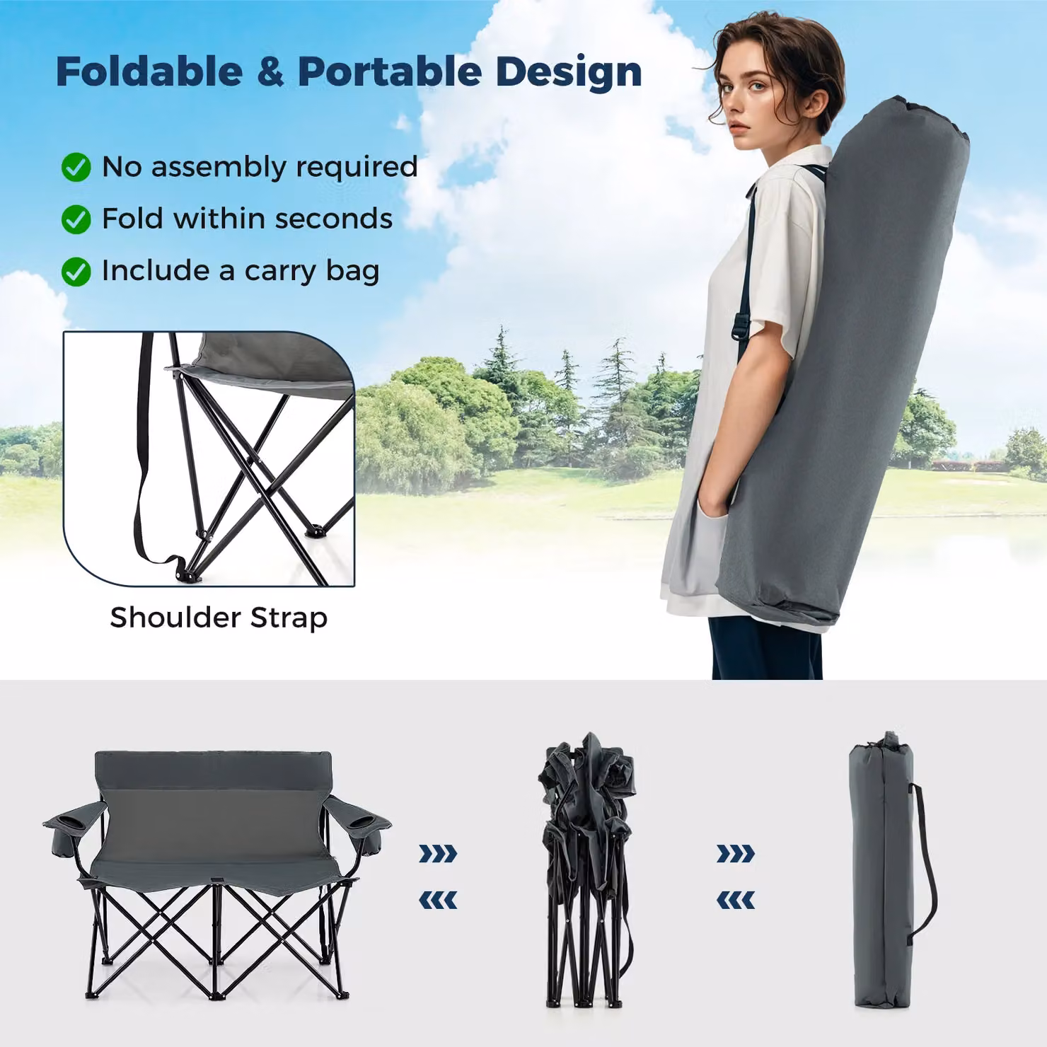 Gymax Oversized Double Camping Chair for 2 Adults in Grey with Metal Frame and Cup Holders – 4
