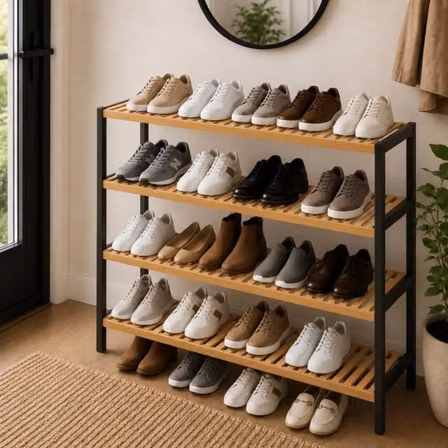 Keplin 4-Tier Bamboo Shoe Rack in Black and Beige, W/D/H: 70 x 24.5 x 67 cm – 1