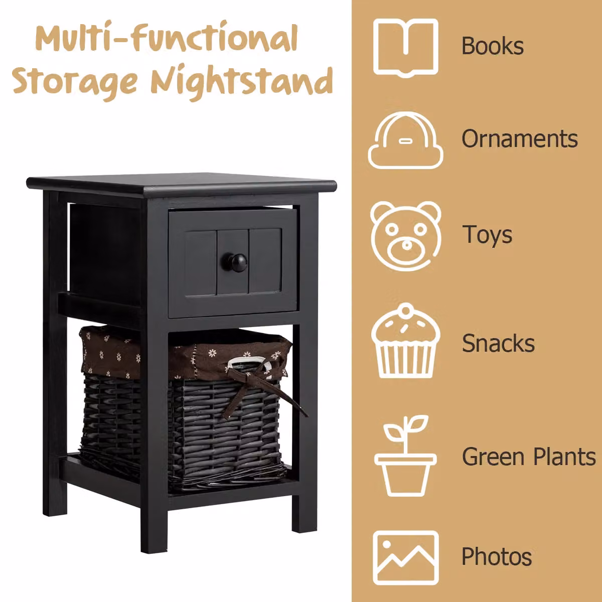 Costway Set of 2 Black Modern Nightstands with Removable Rattan Baskets – 6