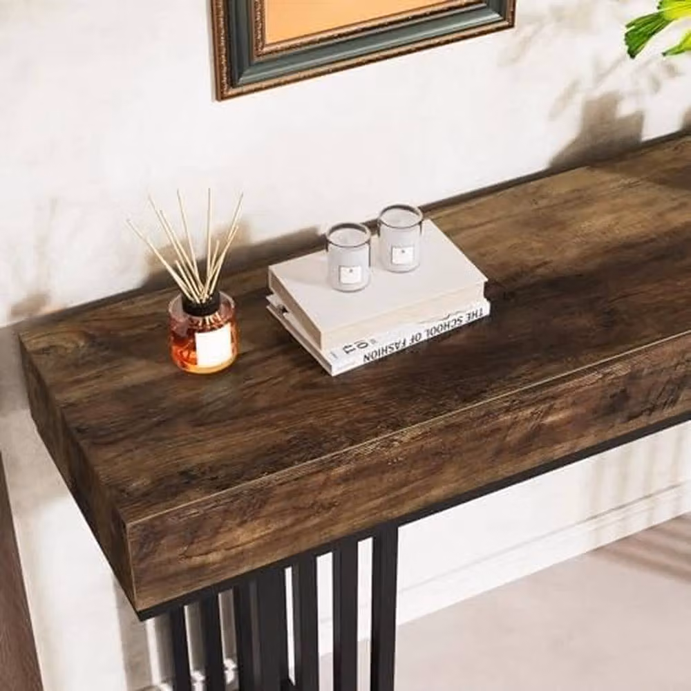 KORVIXA Industrial Console Table in Brown and Black, Rectangular Wood and Metal Entryway Sofa Table – 4