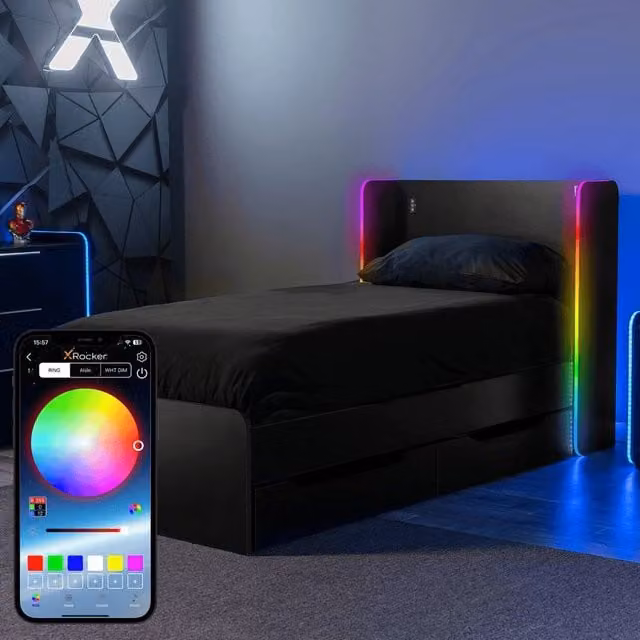 X Rocker Electra Single Bed with Trundle Drawers, Storage and LED Lights in Black, W: 90 cm, D: 200 cm