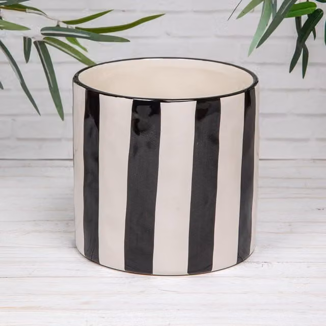 Annibells Modern Round Striped Ceramic Glazed Indoor Tabletop Flower Pot in Blue, Black and White