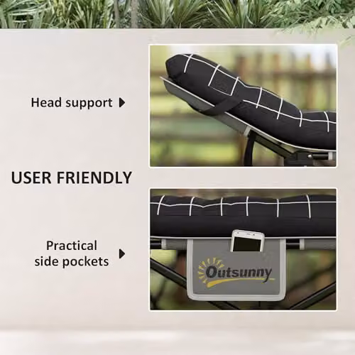 Outsunny Folding Camping Bed for Adults with Padded Foam, Adjustable Headrest and Side Compartments, Black – 4