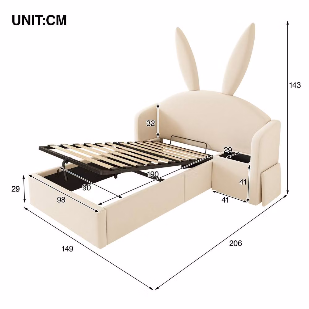Merax Bunny Ears Kids Ottoman Bed with Nightstand, Beige, W/D/H: 90 x 190 cm – 2