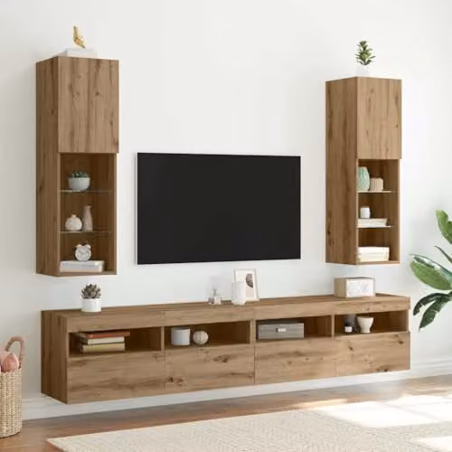 vidaXL Set of 2 Modern Wall-Mounted TV Cabinets with Integrated LED Lights, Brown, W/D/H: 30.5 x 30.5 x 102 cm – 2