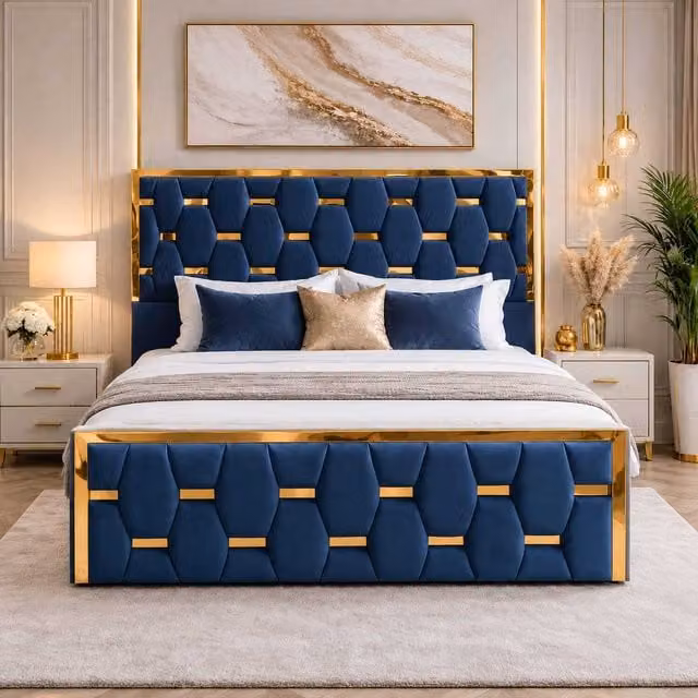 K Mehmood Enterprise Ltd Modern Blue Velvet Upholstered Ottoman Bed with Geometric Tufted Headboard and Lift Up Base