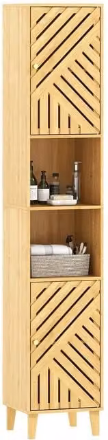 KORVIXA Slim Bathroom Storage Cabinet with Natural Bamboo Doors, Beige, W: 70 cm, H: 75 cm – 1
