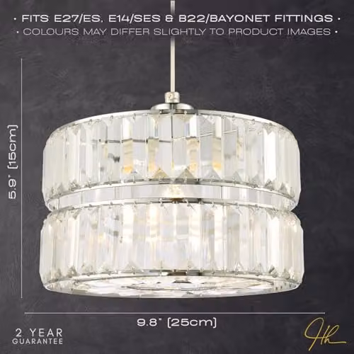 Happy Homewares Modern Double Tier Easy Fit Pendant Shade with Clear Acrylic Prisms and Polished Chrome Metal Frame, W: 15 cm, H: 25 cm – 2