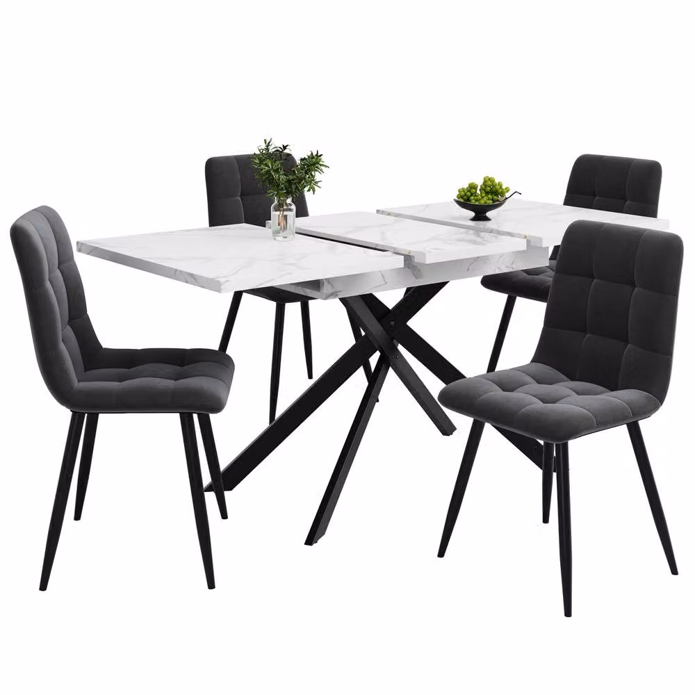 Matteo Extendable Square Dining Table with White Glossy Abstract Top and Black X-Frame Legs – 5
