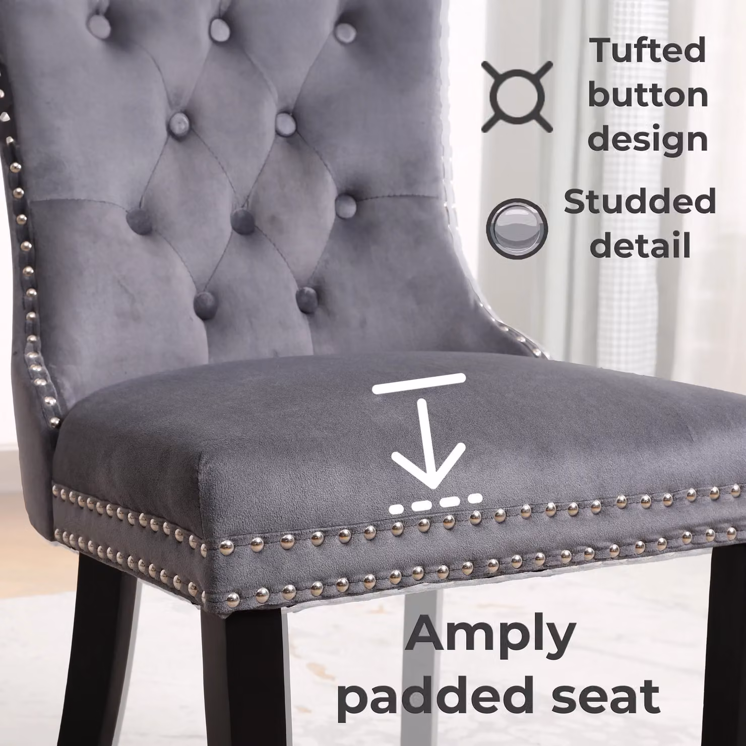 Neo Set of Four Studded Velvet Dining Chairs with Ring Knocker Detail in Dark Grey – 3
