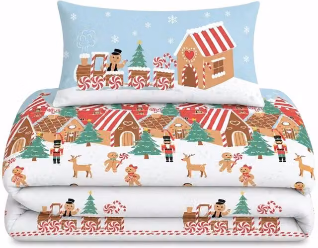 Velosso Fun Gingerbread Town Christmas Duvet Cover and Pillowcase Set in Blue, W: 200 cm, H: 220 cm – 1